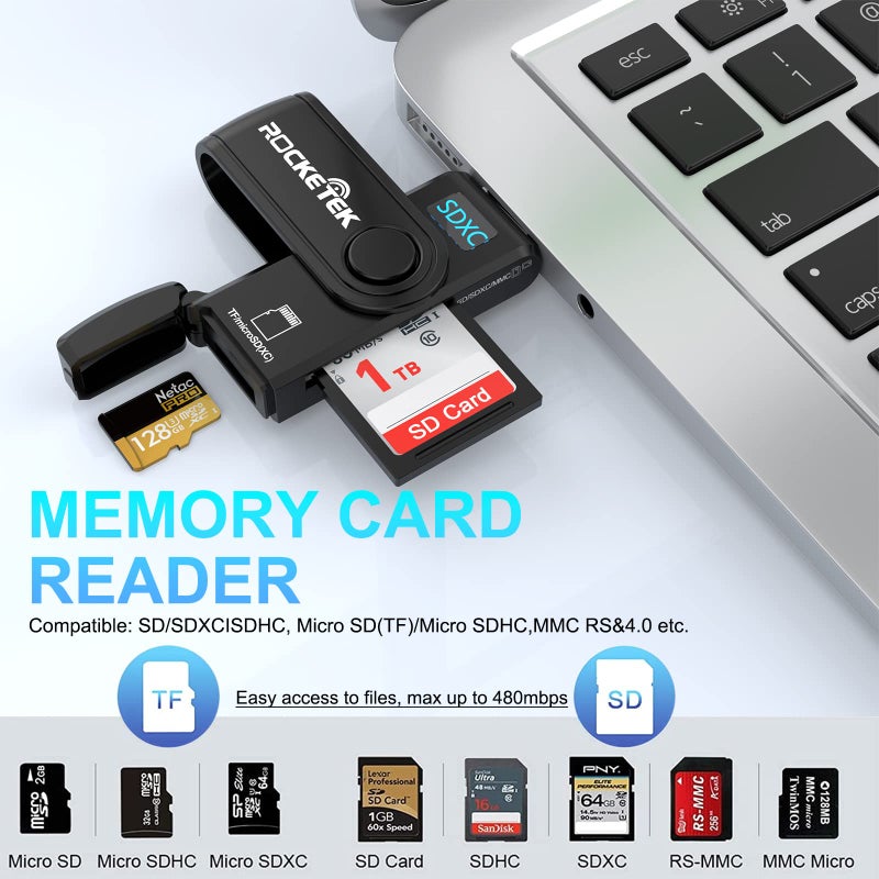 Rocketek USB 3.0 SD Card Reader, Rocketek 2 Slots Memory Card Reader with a Build-in Micro SD Card Cap for SDXC/SDHC/UHS-I SD Cards, TF/Micro SD Cards Reader - Take It as a USB 3.0 Flash Drive - Image 2